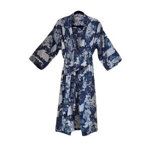 CABERNET Sz S Blue White Floral Silky Satin Long Robe Belt Pockets Loungewear